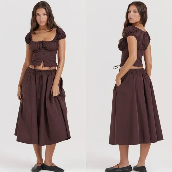 House of CB CORA Rich Brown Gathered Midi Skirt - Picture 10 of 15